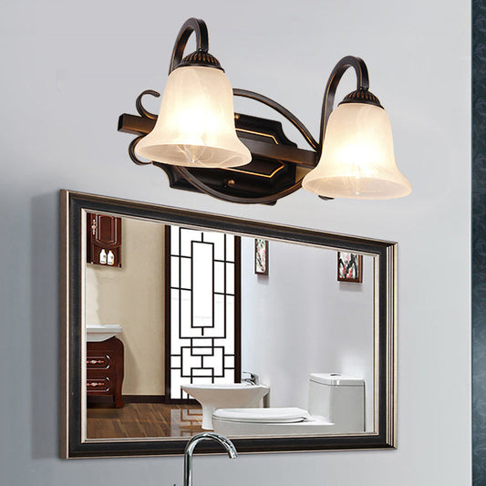 Frendorf | 2/3 Lichten Vanity Lamp Vintage Curvy Arm Melkglas Wandlamp in Zwart voor Badkamer
