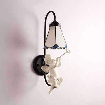 Frendorf | Weißer Glas-Kegel-Wandleuchte Tiffany 1 Kopf Schwarze Wandmontage Licht mit Trompete/Violine/Vogel Dekoration