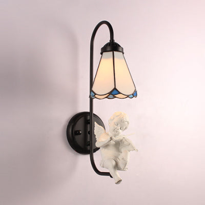Frendorf | Weißer Glas-Kegel-Wandleuchte Tiffany 1 Kopf Schwarze Wandmontage Licht mit Trompete/Violine/Vogel Dekoration