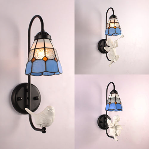 Frendorf | 1 Kopfschirm Wandleuchte Mediterran Blau Buntglas Wandmontierte Beleuchtung mit Trompete/Violine/Vogel Dekoration