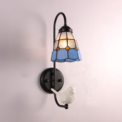 Frendorf | 1 Kopfschirm Wandleuchte Mediterran Blau Buntglas Wandmontierte Beleuchtung mit Trompete/Violine/Vogel Dekoration