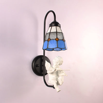 Frendorf | 1 Kopfschirm Wandleuchte Mediterran Blau Buntglas Wandmontierte Beleuchtung mit Trompete/Violine/Vogel Dekoration