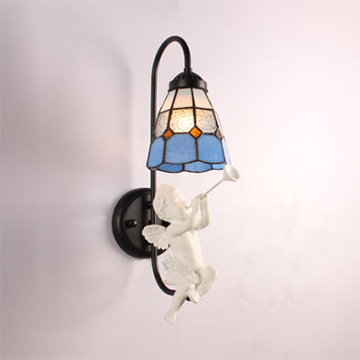 Frendorf | 1 Kopfschirm Wandleuchte Mediterran Blau Buntglas Wandmontierte Beleuchtung mit Trompete/Violine/Vogel Dekoration