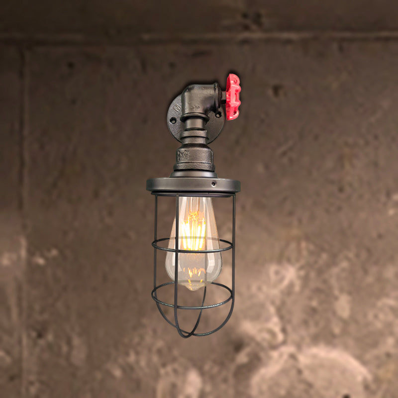 Frendorf | Draadframe gang wandlamp ijzer 1 hoofd boerenwandverlichting met rode klepontwerp in antiek brons/zwart