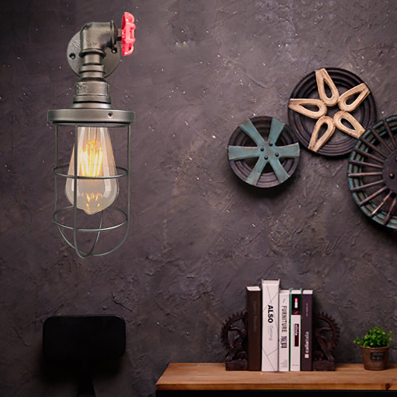 Frendorf | Draadframe gang wandlamp ijzer 1 hoofd boerenwandverlichting met rode klepontwerp in antiek brons/zwart