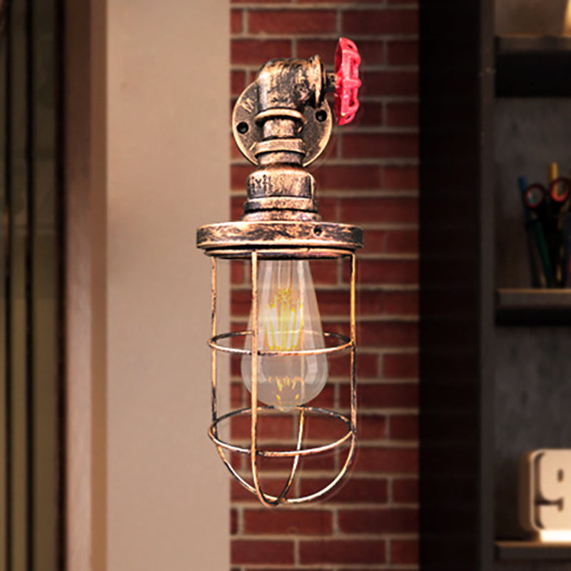 Frendorf | Draadframe gang wandlamp ijzer 1 hoofd boerenwandverlichting met rode klepontwerp in antiek brons/zwart