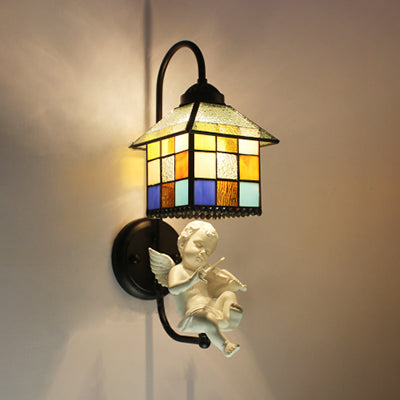 Frendorf | Haus Buntglas Wandleuchte Barock 1 Kopf Schwarze Wandmontierte Lampe mit Junge/Vogel/Engel Dekoration