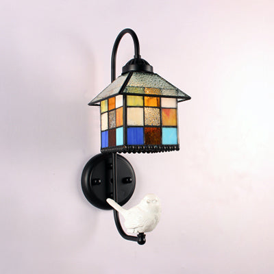 Frendorf | Haus Buntglas Wandleuchte Barock 1 Kopf Schwarze Wandmontierte Lampe mit Junge/Vogel/Engel Dekoration