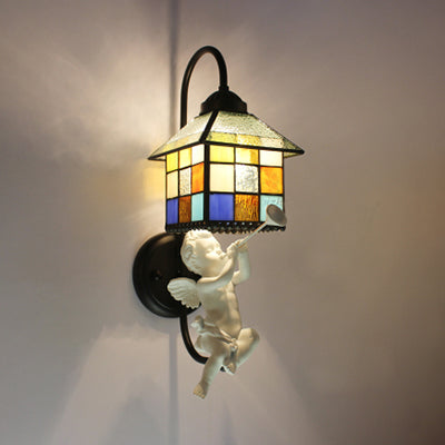 Frendorf | Haus Buntglas Wandleuchte Barock 1 Kopf Schwarze Wandmontierte Lampe mit Junge/Vogel/Engel Dekoration