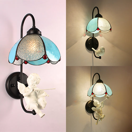 Frendorf | Blaue Petal Wandlamp Tiffany 1 Kopf Buntglas Wandleuchte mit Vogel/Trumpete/Vielin Dekoration