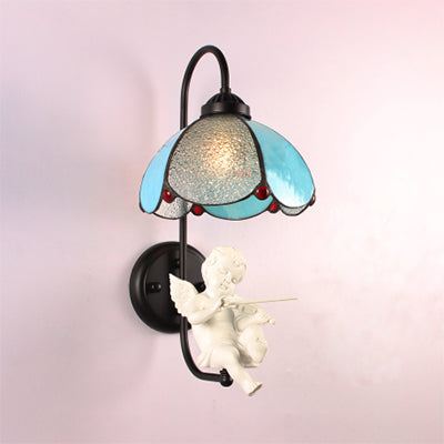 Frendorf | Blaue Petal Wandlamp Tiffany 1 Kopf Buntglas Wandleuchte mit Vogel/Trumpete/Vielin Dekoration