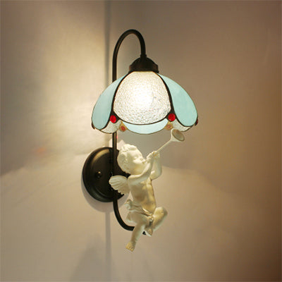 Frendorf | Blaue Petal Wandlamp Tiffany 1 Kopf Buntglas Wandleuchte mit Vogel/Trumpete/Vielin Dekoration