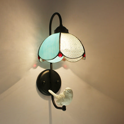 Frendorf | Blaue Petal Wandlamp Tiffany 1 Kopf Buntglas Wandleuchte mit Vogel/Trumpete/Vielin Dekoration