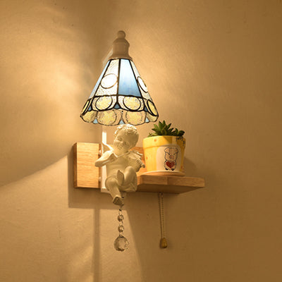 Frendorf | Tiffany Scalloped Wandmontage Fixture Buntglas 1 Licht Wandlamp mit Amor Dekoration in Gelb/Orange/Grün/Klar/Blau