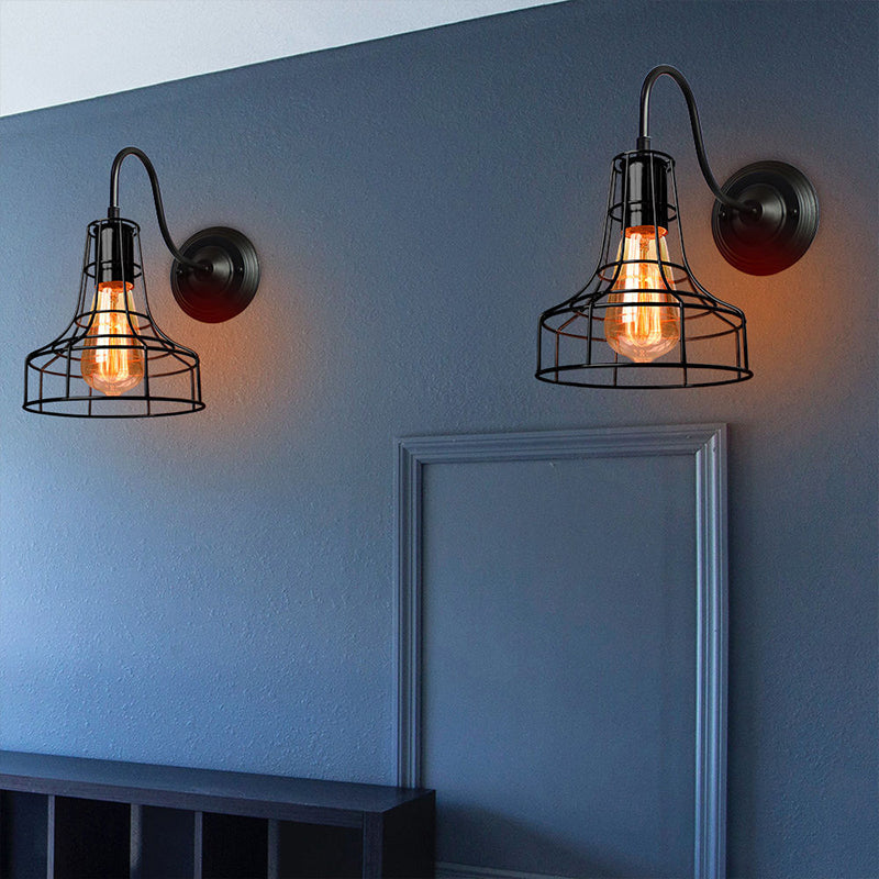 Frendorf | Metalen Schuurwandlamp Wandlamp Industrieel Stijl 1 Lamp Zwart Wandgemonteerde Lamp met Draadframe en Zwanenhalsarm
