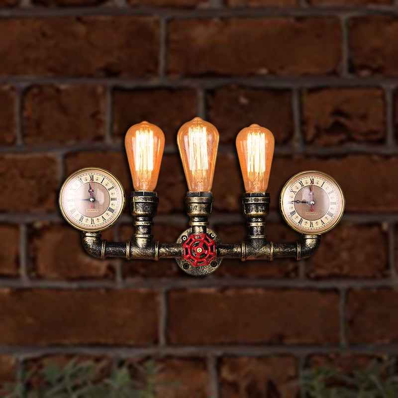 Frendorf | Antieke Messing Pijp Wandlamp Rustiek Stijlvol 3 Koppen Smeedijzeren Wandlamp Fixture met Manometer en Ventiel Deco