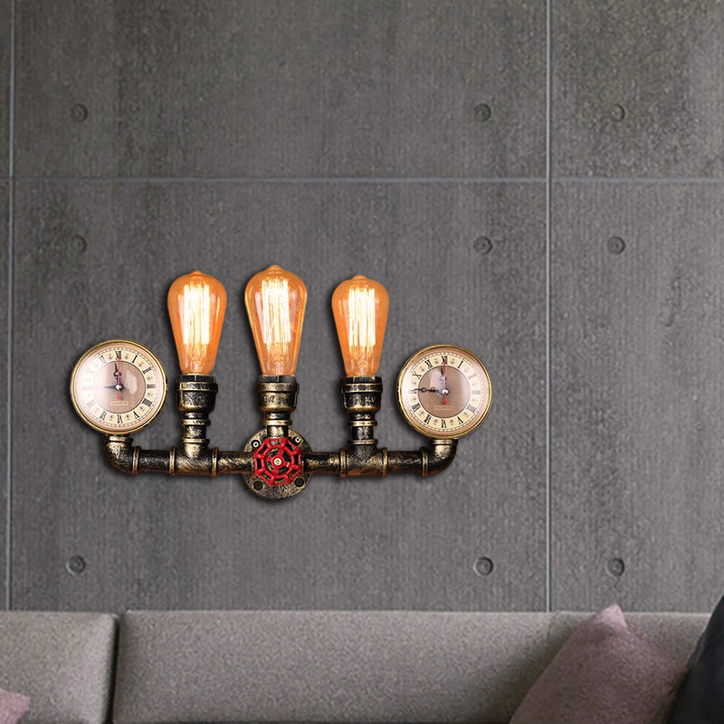 Frendorf | Antieke Messing Pijp Wandlamp Rustiek Stijlvol 3 Koppen Smeedijzeren Wandlamp Fixture met Manometer en Ventiel Deco