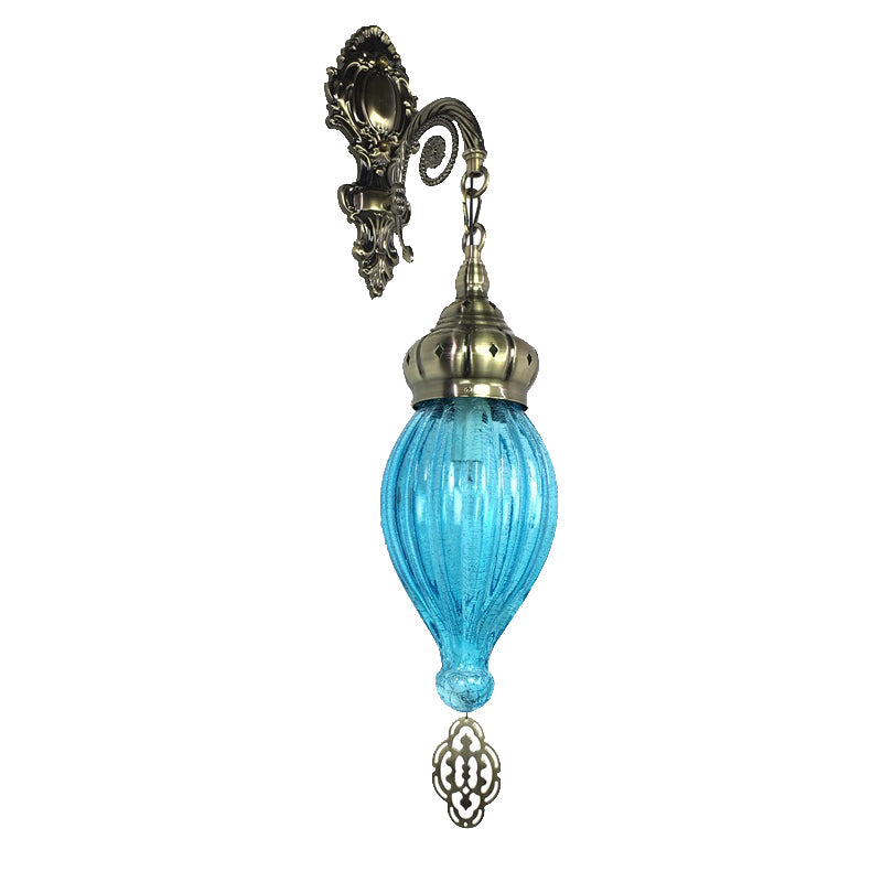 Traditionelle Tropfen-Wandleuchte Schwarz/Weiß/Hellblaues Glas 1 Kopf Wandmontierte Lampe mit geschnitztem Metallarm