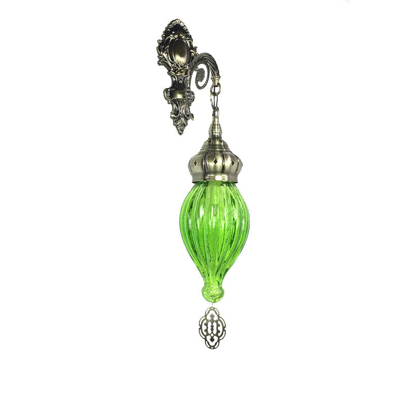 Traditionelle Tropfen-Wandleuchte Schwarz/Weiß/Hellblaues Glas 1 Kopf Wandmontierte Lampe mit geschnitztem Metallarm