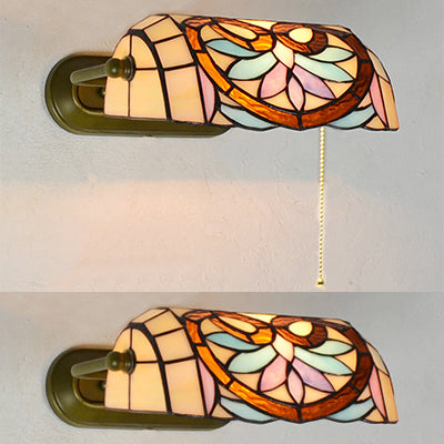 Frendorf | Tiffany Banker Wandlamp met/zonder trekkoord Geëtst glas 1 licht Wandmontage armatuur met bloemenpatroon in beige