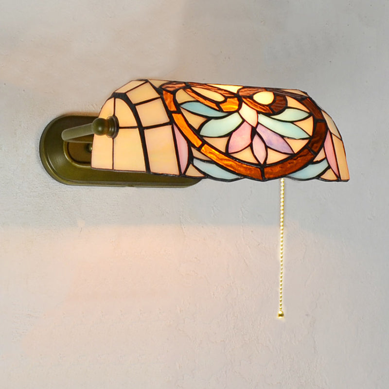 Frendorf | Tiffany Banker Wandlamp met/zonder trekkoord Geëtst glas 1 licht Wandmontage armatuur met bloemenpatroon in beige