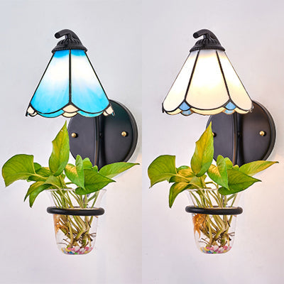 Frendorf | 1 Köpfe Wandmontierte Lampe Tiffany Blume Blau/Weiß Glas Wandleuchte mit Pflanzen Dekoration