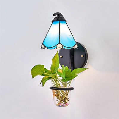 Frendorf | 1 Köpfe Wandmontierte Lampe Tiffany Blume Blau/Weiß Glas Wandleuchte mit Pflanzen Dekoration
