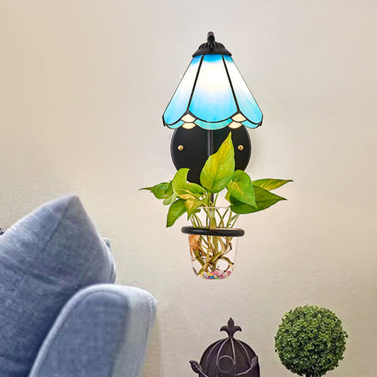 Frendorf | 1 Köpfe Wandmontierte Lampe Tiffany Blume Blau/Weiß Glas Wandleuchte mit Pflanzen Dekoration