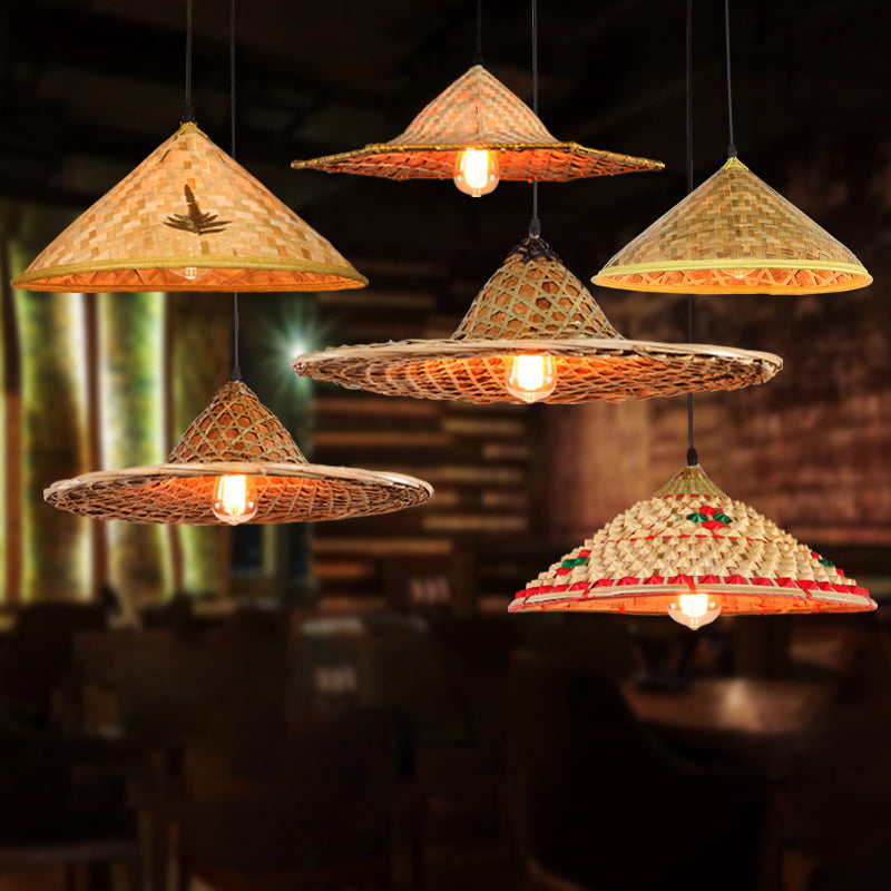 Asiatisch inspirierte Bauernhut-Anhänger aus Bambusgewebe 1 Kopf Diner Deckenlampe aus Holz