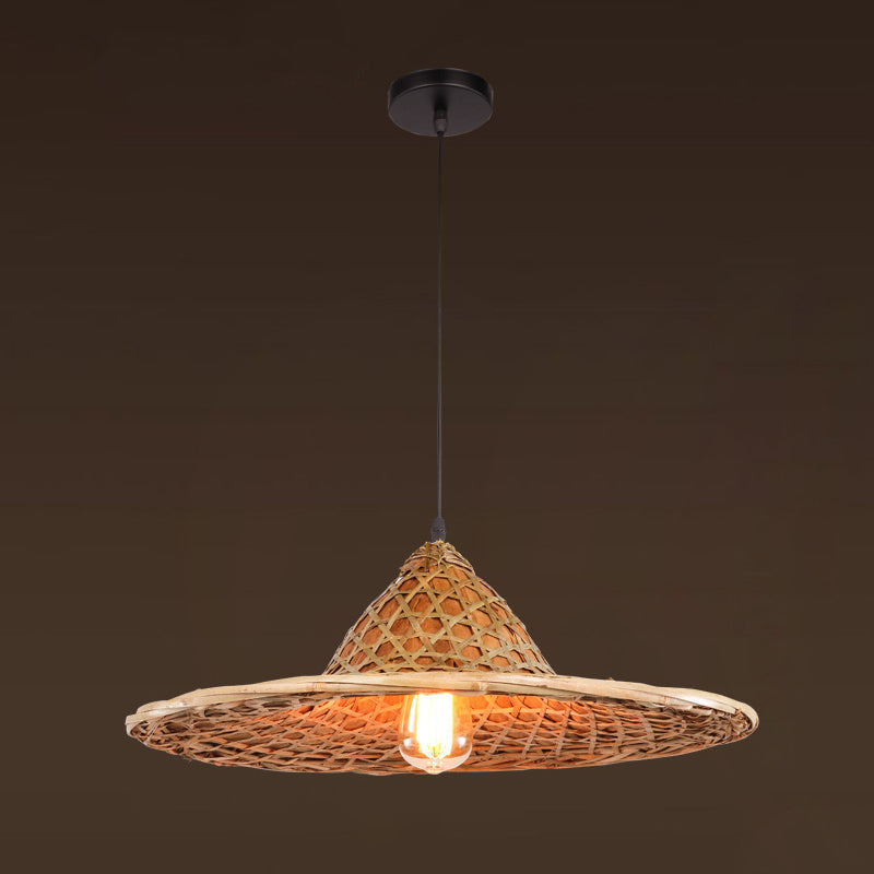 Asiatisch inspirierte Bauernhut-Anhänger aus Bambusgewebe 1 Kopf Diner Deckenlampe aus Holz