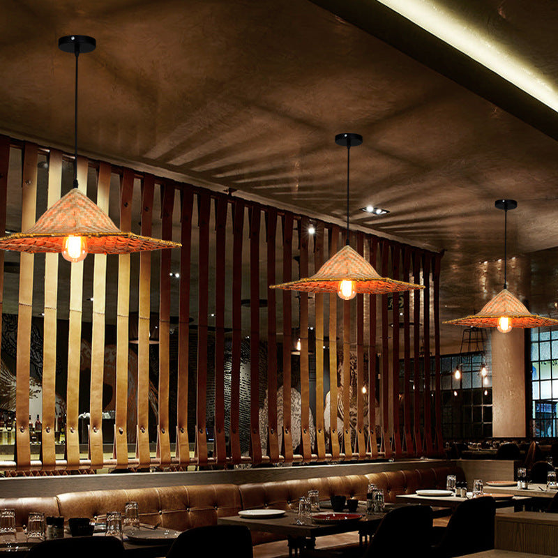Asiatisch inspirierte Bauernhut-Anhänger aus Bambusgewebe 1 Kopf Diner Deckenlampe aus Holz