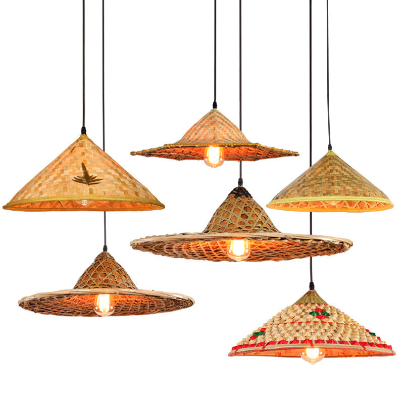 Asiatisch inspirierte Bauernhut-Anhänger aus Bambusgewebe 1 Kopf Diner Deckenlampe aus Holz