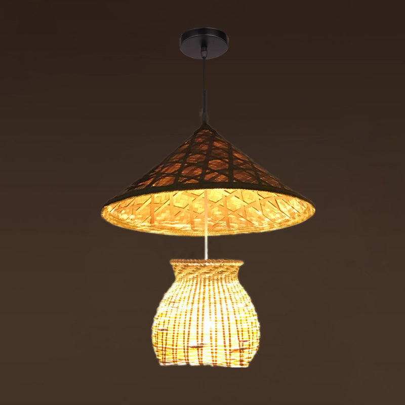 Asiatisch inspirierte Bauernhut-Anhänger aus Bambusgewebe 1 Kopf Diner Deckenlampe aus Holz
