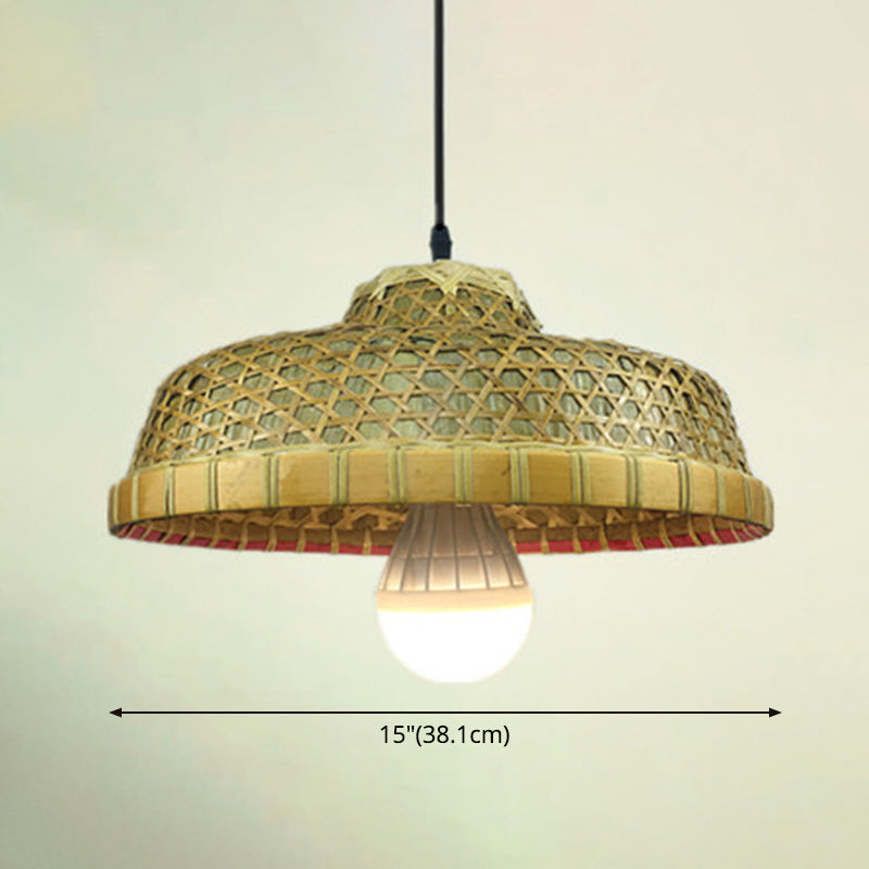 Asiatisch inspirierte Bauernhut-Anhänger aus Bambusgewebe 1 Kopf Diner Deckenlampe aus Holz