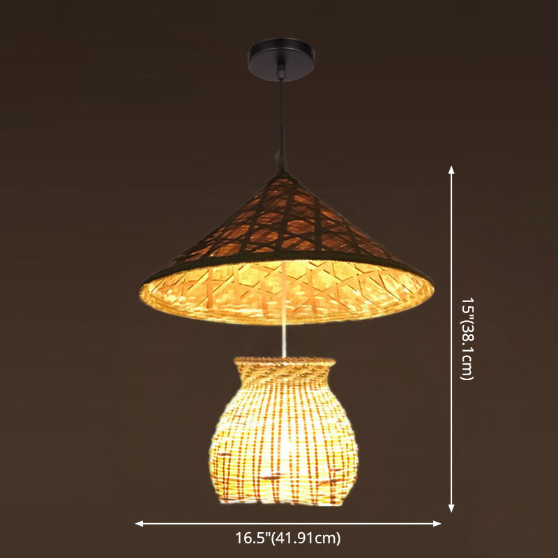 Asiatisch inspirierte Bauernhut-Anhänger aus Bambusgewebe 1 Kopf Diner Deckenlampe aus Holz