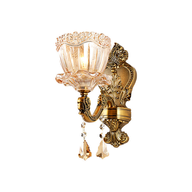 Frendorf | Amber Glass Flower Wandlicht Modern 1/2 Köpfe Messing Wandleuchte mit K9 Kristall Tropfen