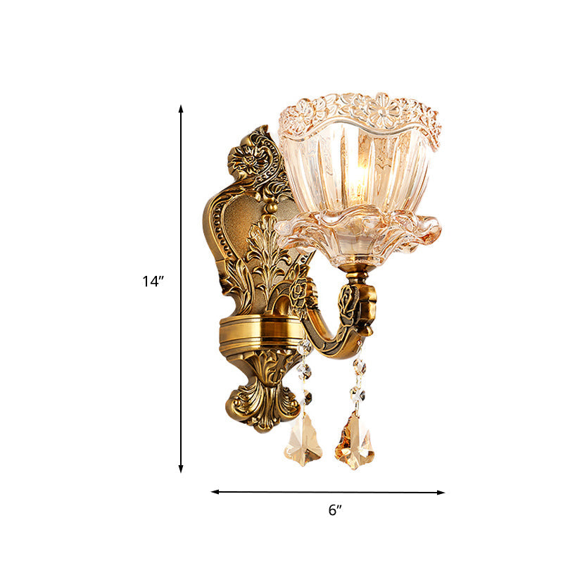 Frendorf | Amber Glass Flower Wandlicht Modern 1/2 Köpfe Messing Wandleuchte mit K9 Kristall Tropfen