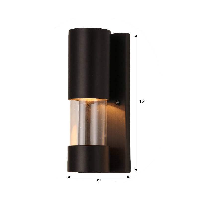 Frendorf | Schwarze zylindrische Wandmontageleuchte im Industrie-Stil 1 Glühbirne Metallisch und klares Glas Wandschalter für Flur