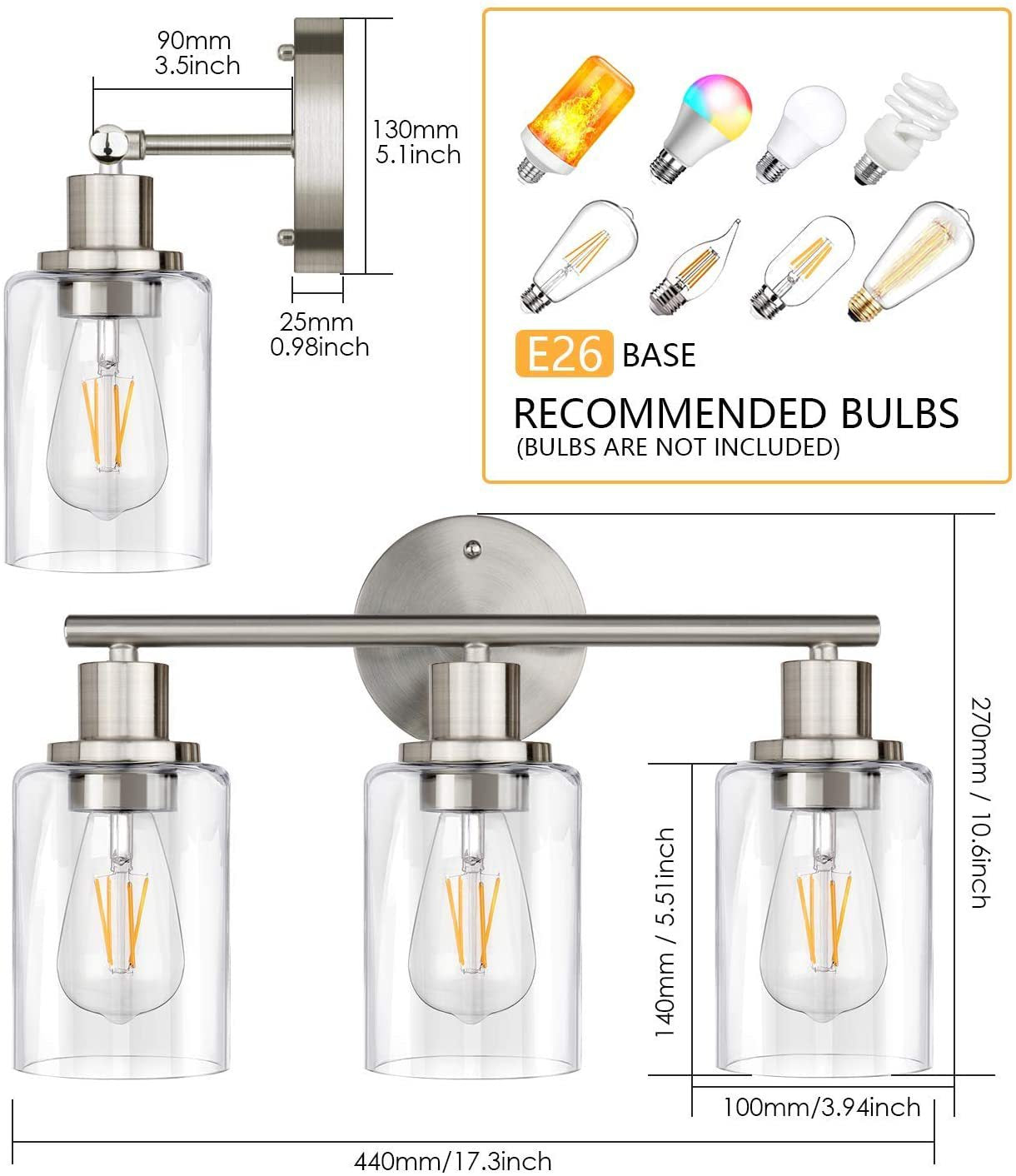 Frendorf | 3 Lichter Industrielle Vanity Spiegel Lichter Auf- und Abwärtsbeleuchtung Wandlicht Sconces für das Badezimmer