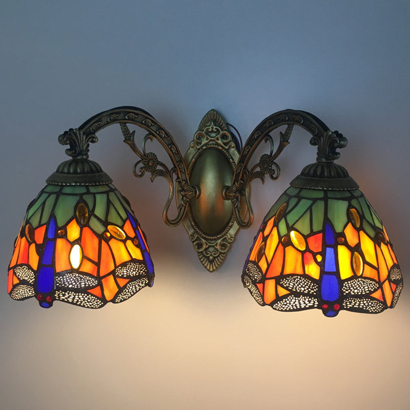 Tiffany Vanity Lampe 2 Lichter Dragonfly Vanity Wandleuchte mit Multi-Farben für Spiegelschrank