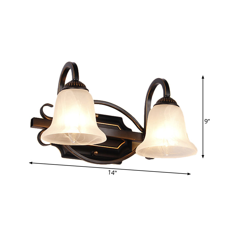 Frendorf | 2/3 Lichten Vanity Lamp Vintage Curvy Arm Melkglas Wandlamp in Zwart voor Badkamer