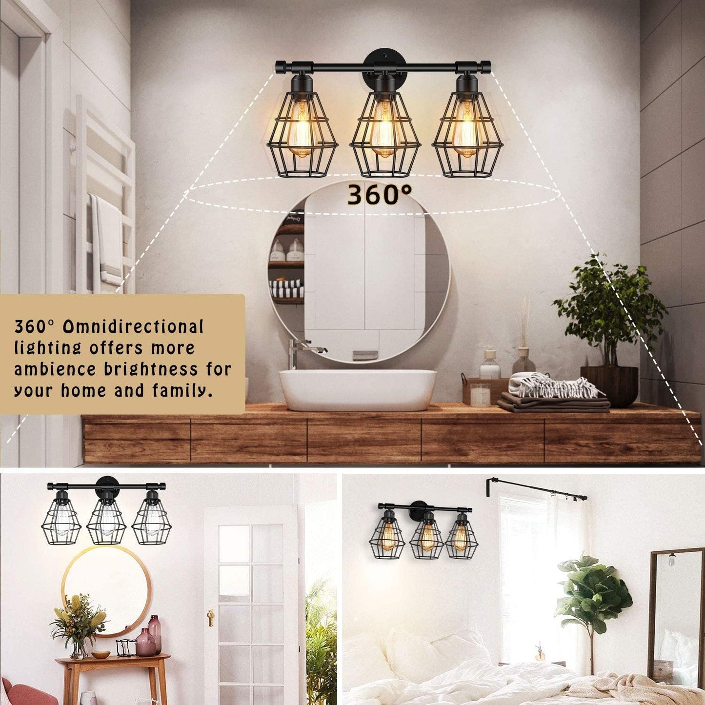 Frendorf | Cage Shade Wandlamp Retro Industriële Stijl Metaal 3 Licht Vanity Lamp