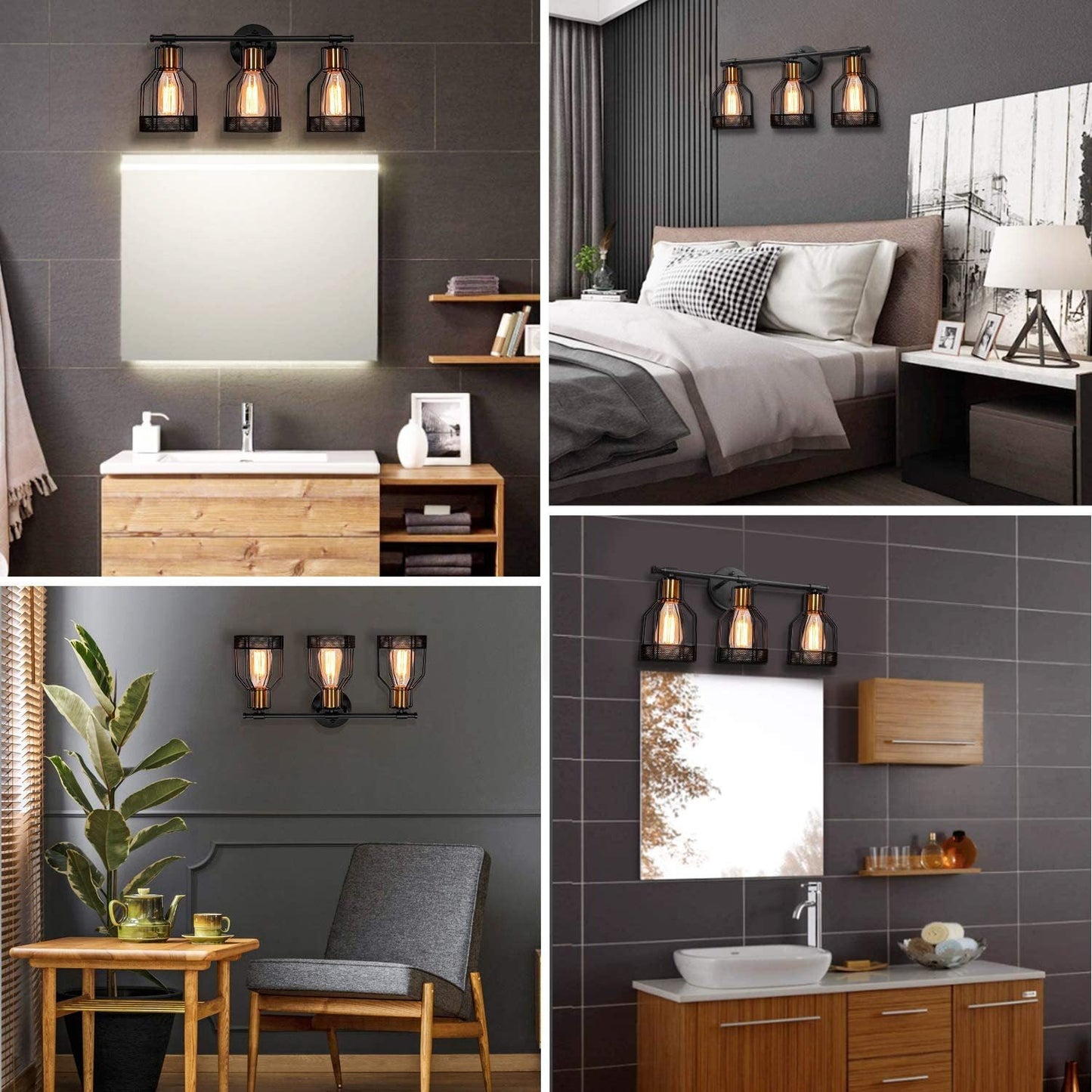 Frendorf | Cage Shade Wandlamp Retro Industriële Stijl Metaal 3 Licht Vanity Lamp
