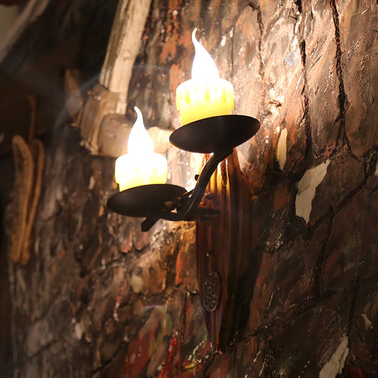 Frendorf | 2 Lichten Kaars Wandlamp Vintage Geel Hars Sconces Lichtarmatuur met Houten Achterplaat