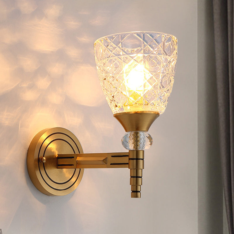 Frendorf | 1/2-Birne Gitterglas Wandlampe mit Schalenlampenschirm Loft Schlafzimmer Wandmontage Licht in Messing-Finish