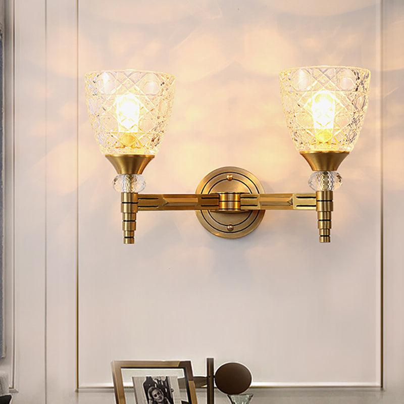 Frendorf | 1/2-Birne Gitterglas Wandlampe mit Schalenlampenschirm Loft Schlafzimmer Wandmontage Licht in Messing-Finish
