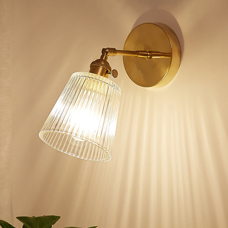 Frendorf | 1 Licht Klar Ribbed Glas Wandlamp Licht Industrielle Messing Cone Wohnzimmer Beleuchtung Fixture