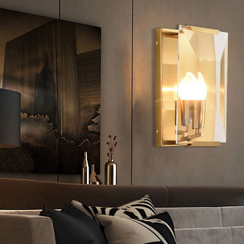 Frendorf | Metalen Rechthoekige Wandlamp Licht Minimalistisch 1 Hoofd Zwart/Messing Afwerking Wandverlichting met Helder/Vorstwerk Kristallen Paneel Schaduw