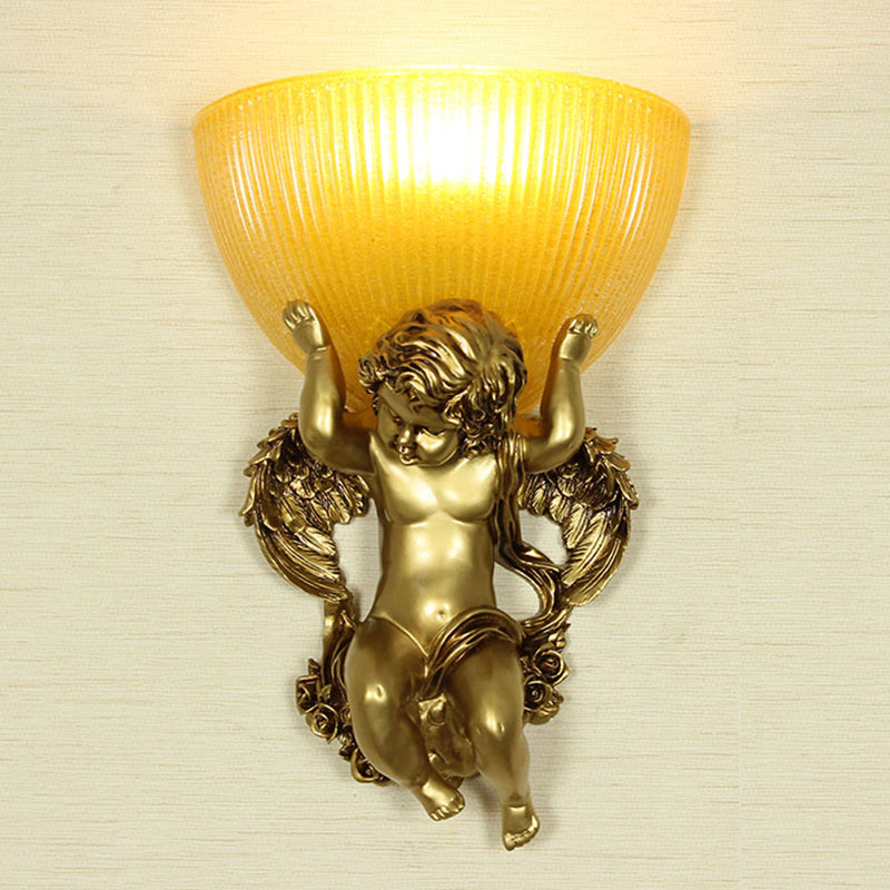 Frendorf | Angel Wandleuchte Colony Metall 1 Kopf Weiß/Gold Wandlampenarmatur mit Kuppel Amber Glas Schirm, Links/Rechts