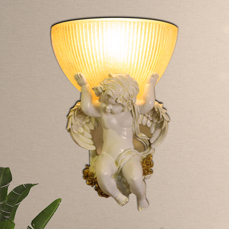 Frendorf | Angel Wandleuchte Colony Metall 1 Kopf Weiß/Gold Wandlampenarmatur mit Kuppel Amber Glas Schirm, Links/Rechts